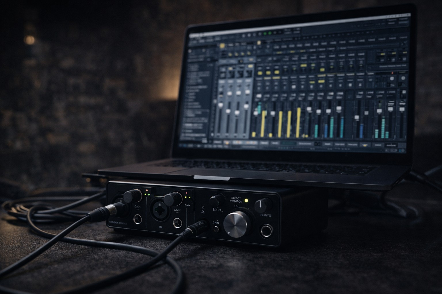 Laptop z DAW i interfejs audio w studio Zoe